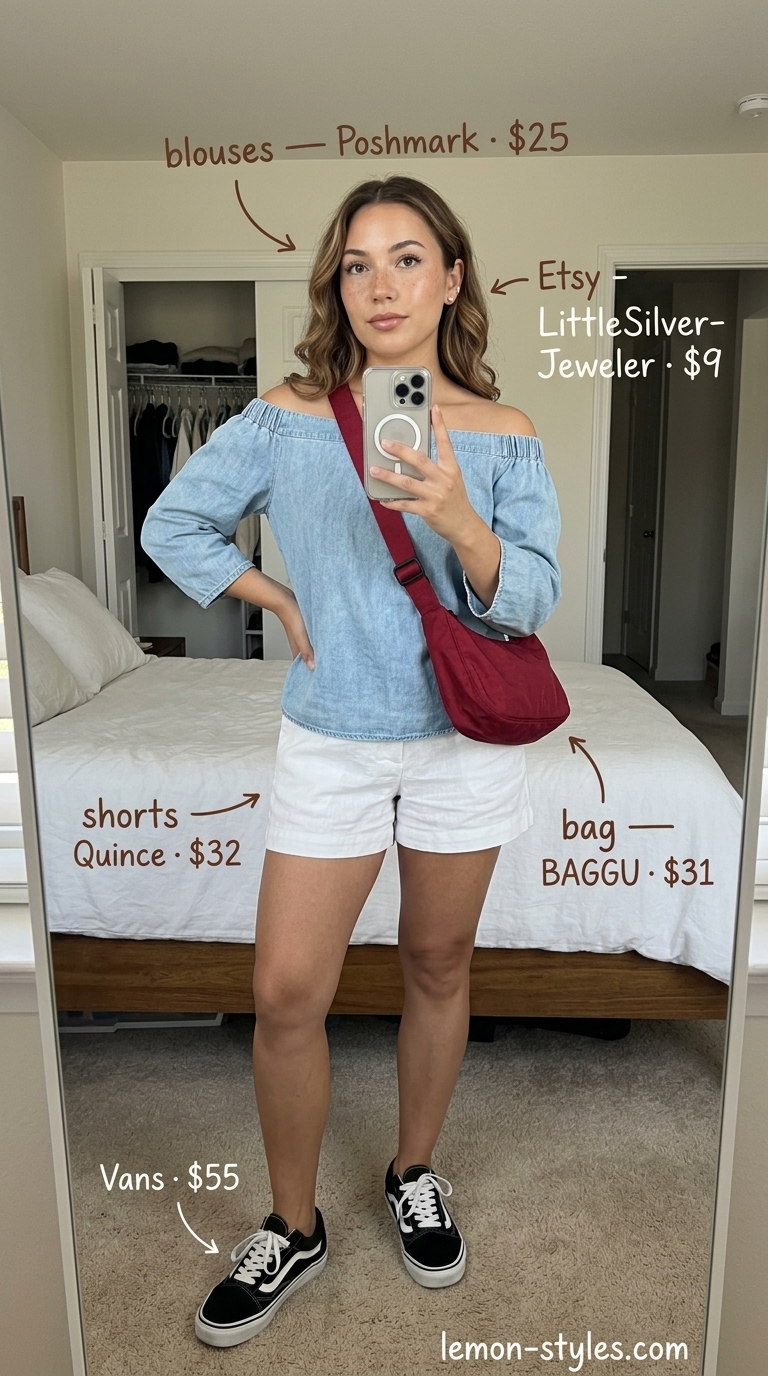 Casual light wash denim off-shoulder summer blouse 2026 with linen shorts for a lakeside lunch.