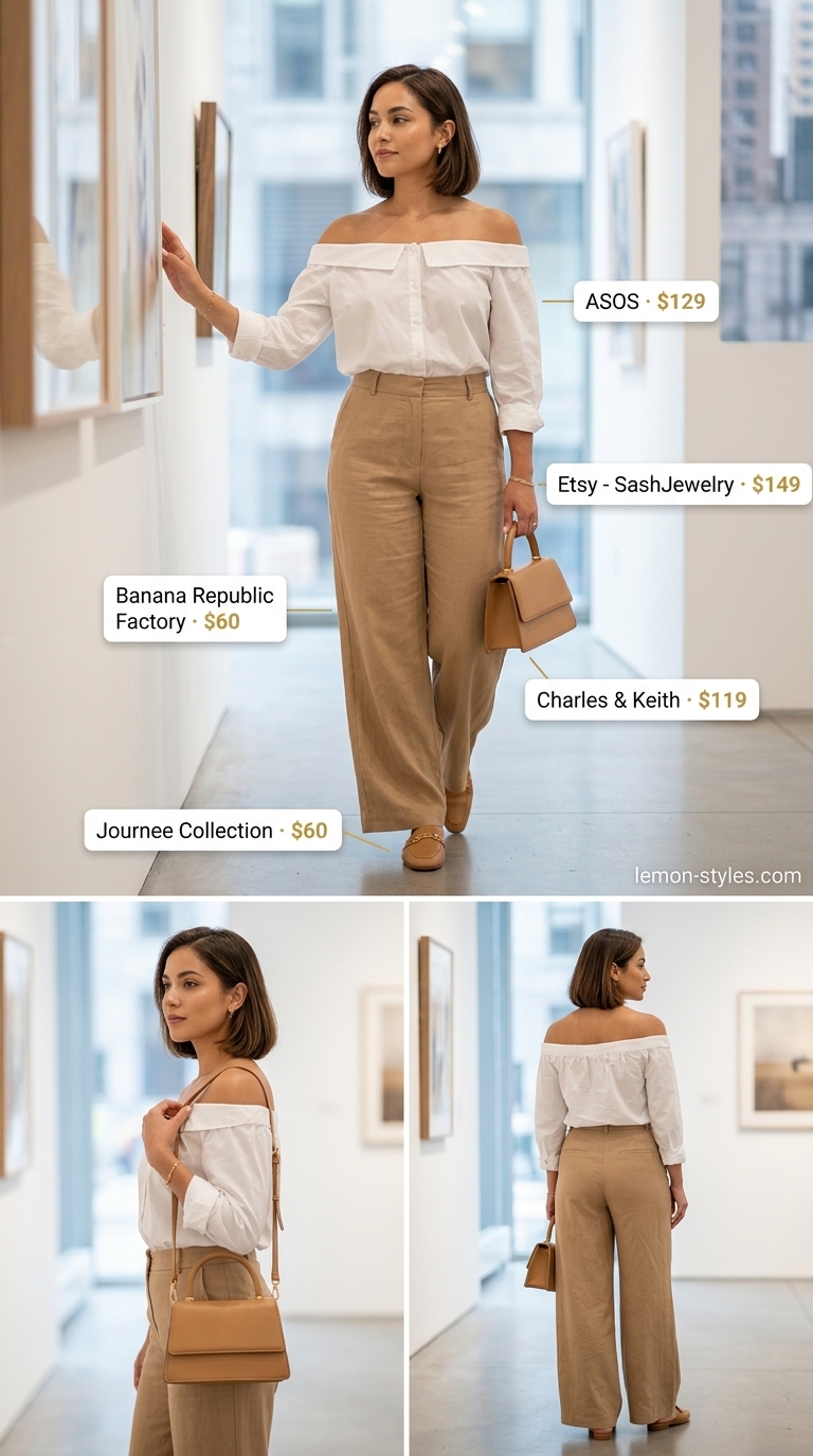 Crisp white off-shoulder poplin blouse with voluminous sleeves for gallery opening outfits 2026.