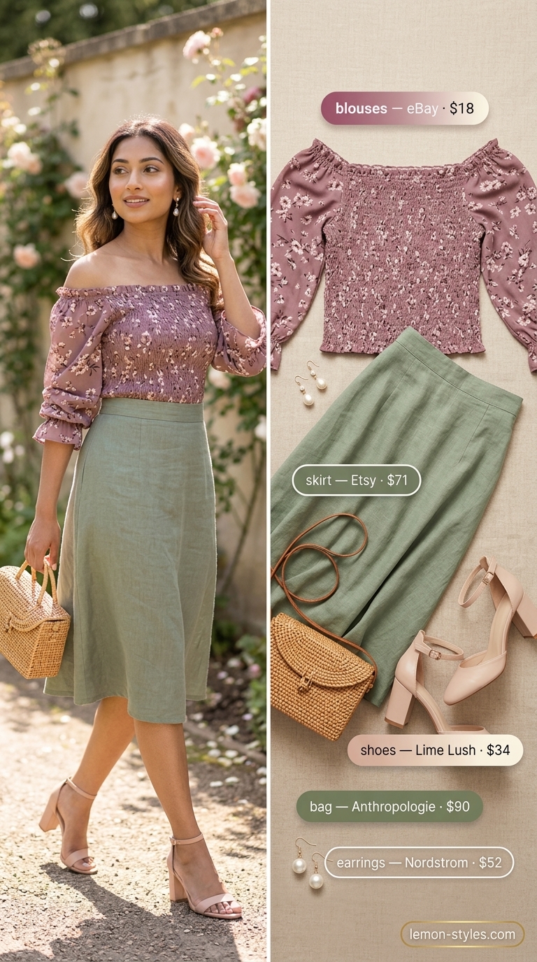 Pastel pink floral off-shoulder blouse with smocked bodice for garden brunch outfits 2026.