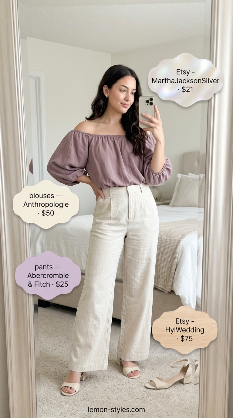 Dreamy lavender off-shoulder summer blouse 2026 with wide-leg trousers for afternoon tea or a garden party.