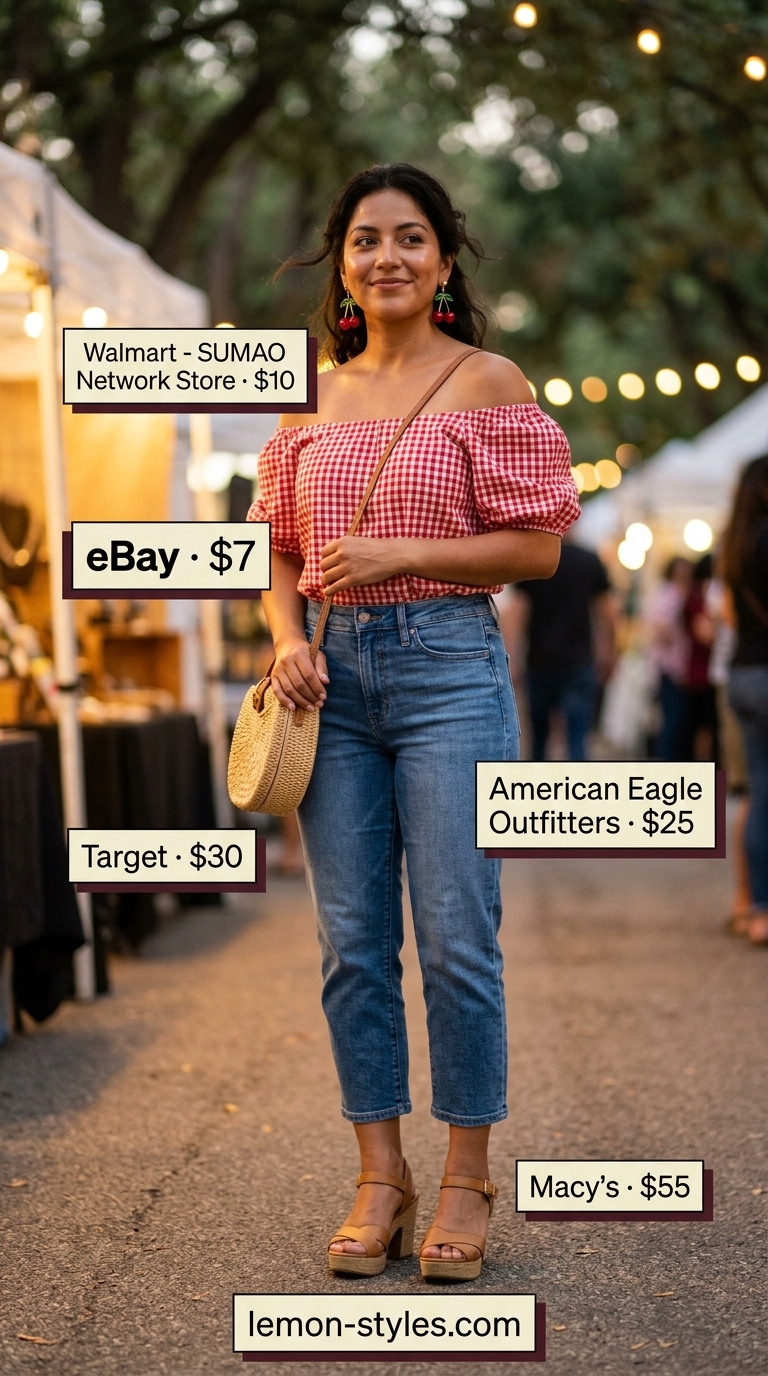 Red and white gingham off-shoulder blouse with puff sleeves for picnic outfits 2026.