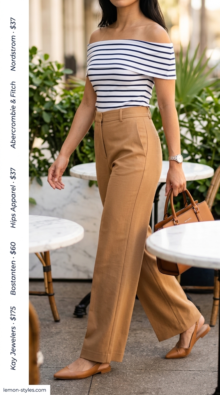 Navy and white striped off-shoulder button-down blouse for polished outfits 2026.