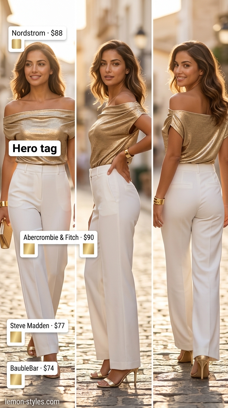 Metallic gold off-shoulder knit blouse for resort glamour outfits 2026.