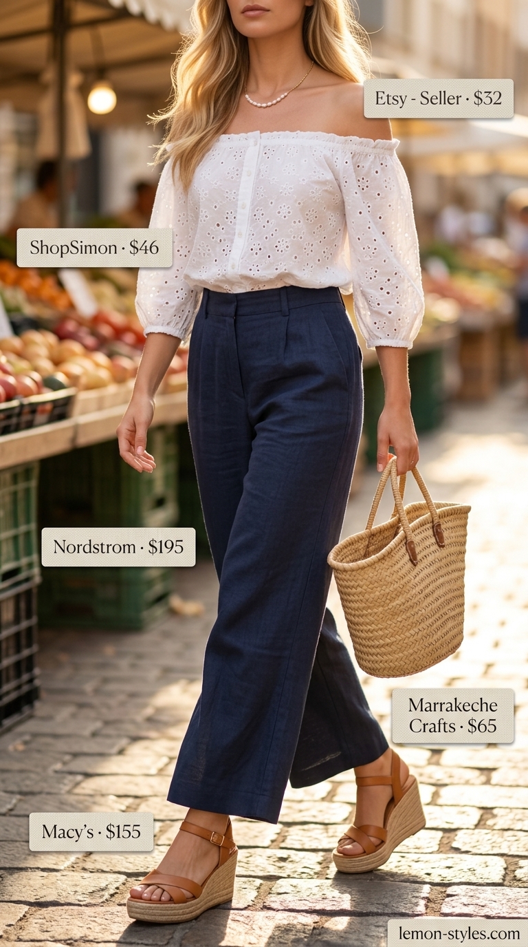 White eyelet off-shoulder blouse with navy linen pants for Riviera brunch. Off shoulder summer blouses 2026.