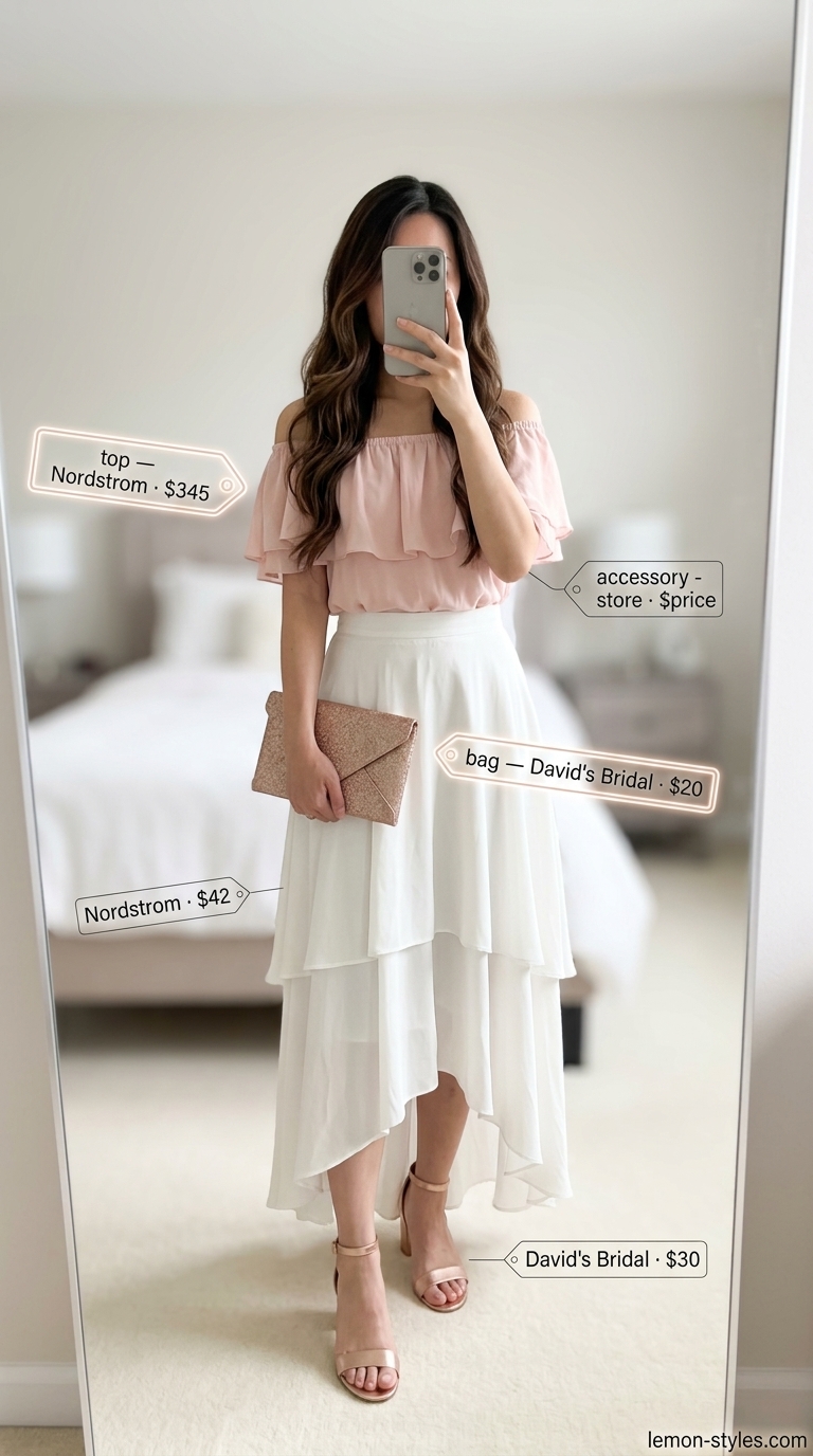 Blush pink off-shoulder smocked blouse with cream tiered maxi skirt for a romantic soiree. Off shoulder summer blouses 2026.