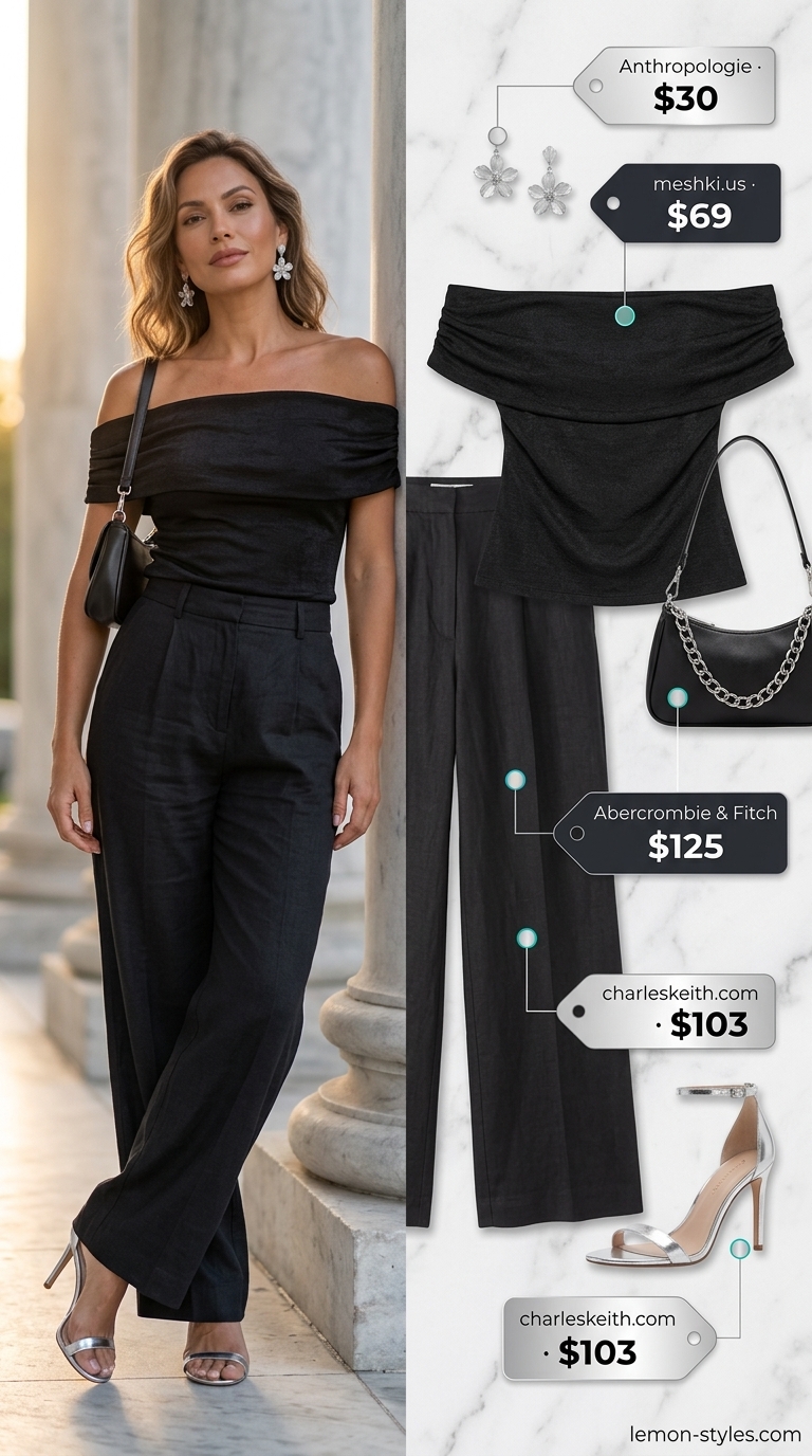 Sultry black off-shoulder summer blouse 2026 with wide-leg trousers for a date night or rooftop dinner.
