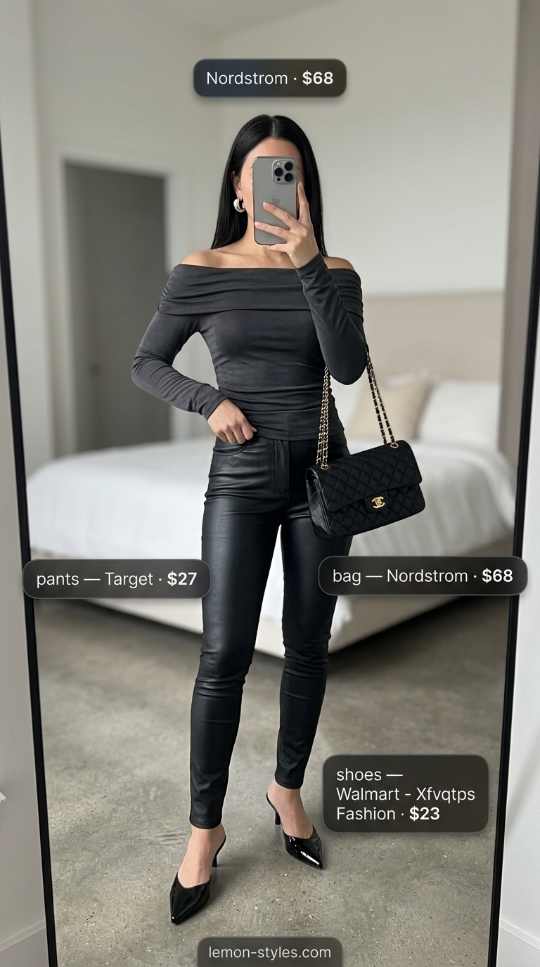Black off-shoulder knit blouse with charcoal faux leather pants for a sultry night out. Off shoulder summer blouses 2026.