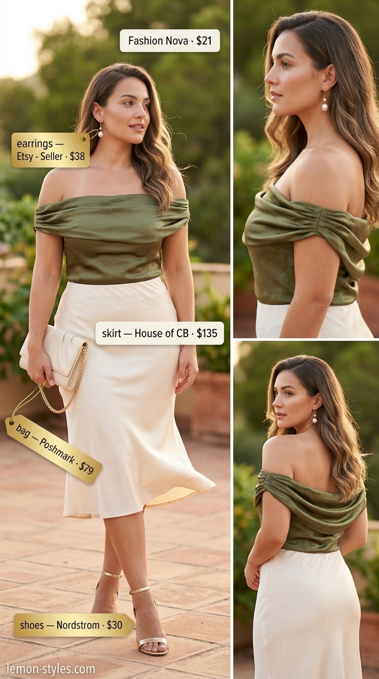 Sage green off-shoulder satin blouse for elegant summer soiree outfits 2026.