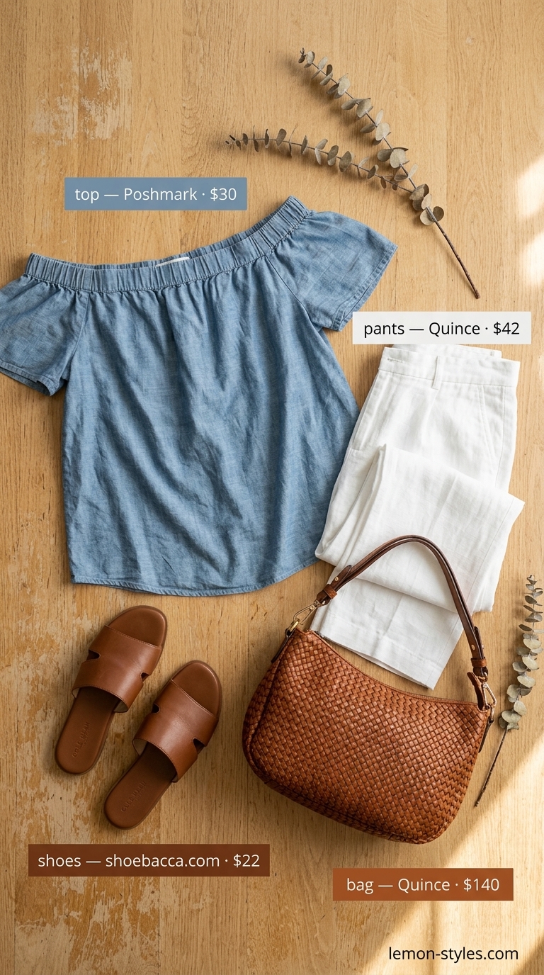 Chambray blue off-shoulder tunic blouse for sunny weekend outfits 2026.