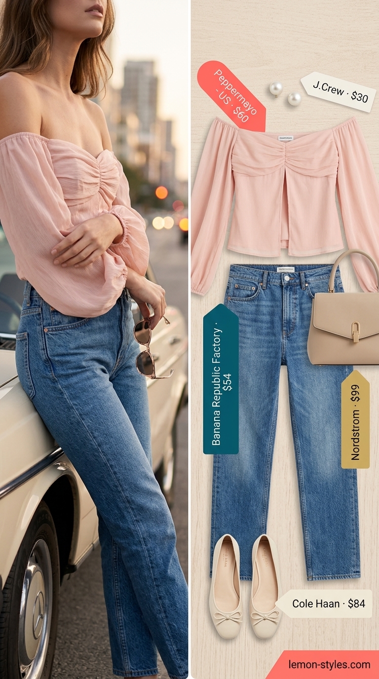 Blush pink off-shoulder blouse with white jeans for a sweet daytime social event. Off shoulder summer blouses 2026.