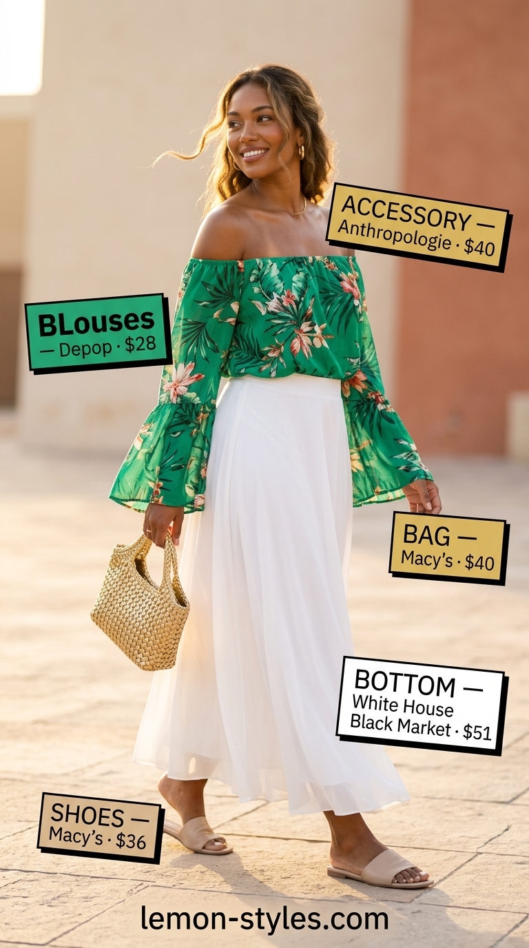 Emerald green tropical off-shoulder blouse with fuchsia maxi skirt for a resort dinner. Off shoulder summer blouses 2026.