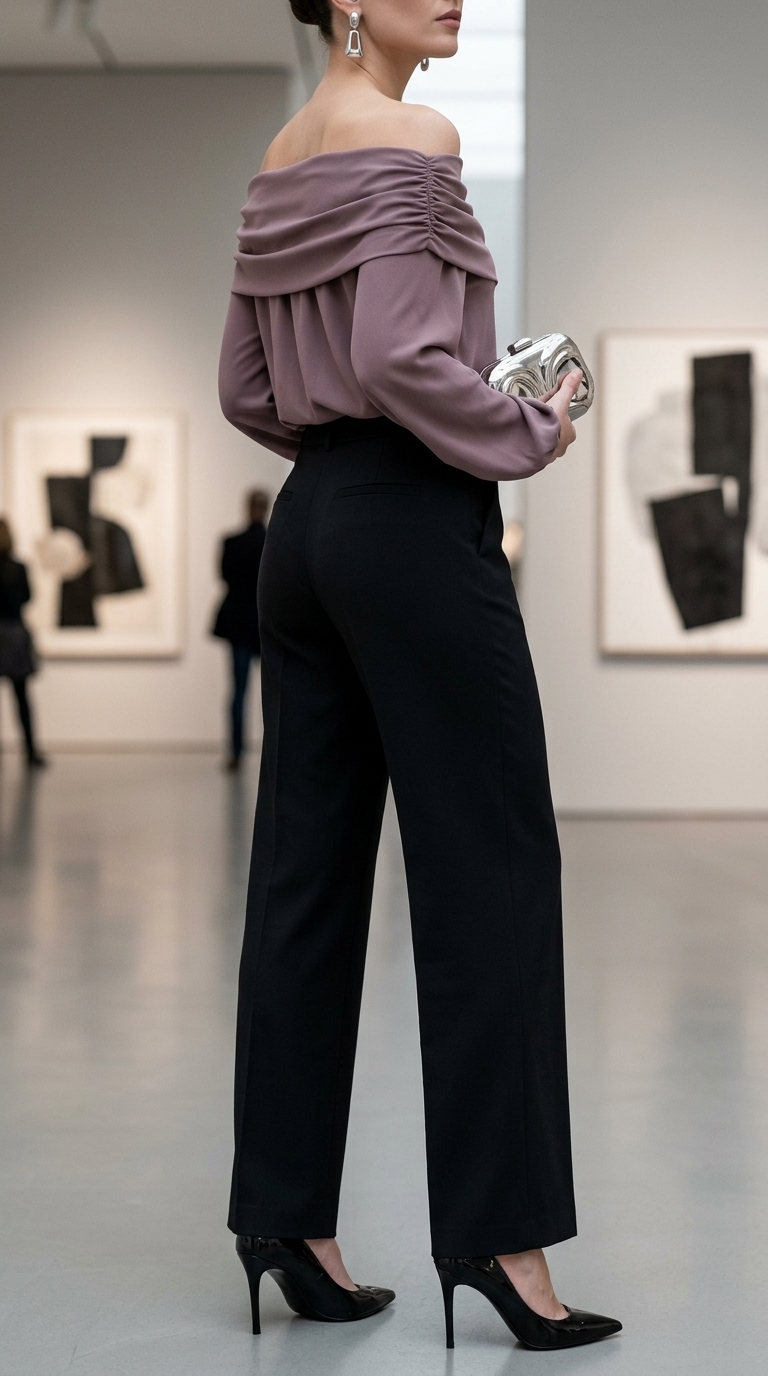 Black off-shoulder blouse with white tailored trousers for an urban evening event. Off shoulder summer blouses 2026.