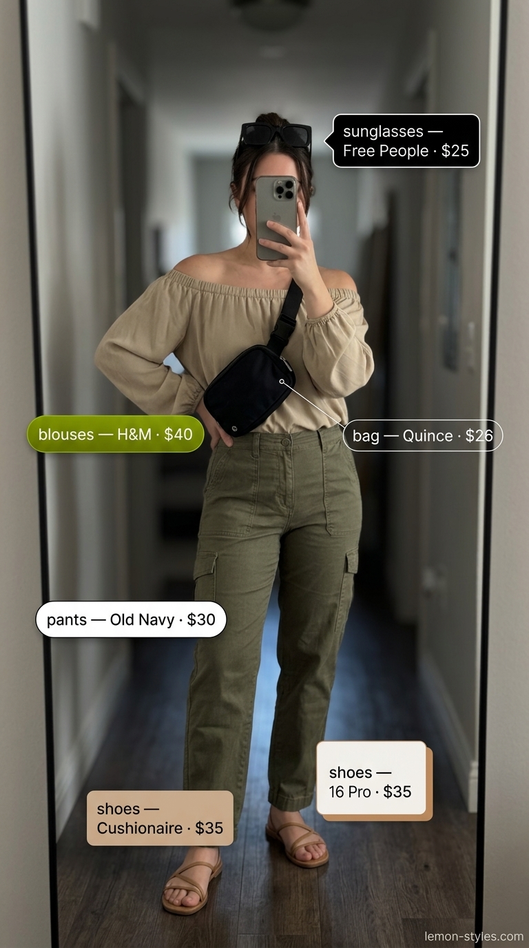 Olive green off-shoulder summer blouse 2026 paired with khaki cargo pants for urban exploration. Stylish and comfortable.