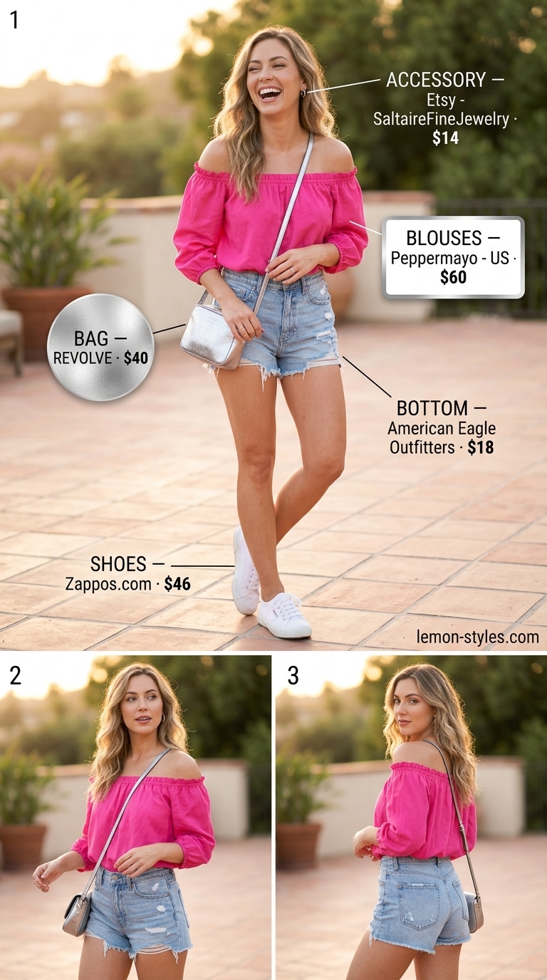 Vibrant hot pink off-shoulder summer blouse 2026 with denim shorts for a summer fiesta or festival.