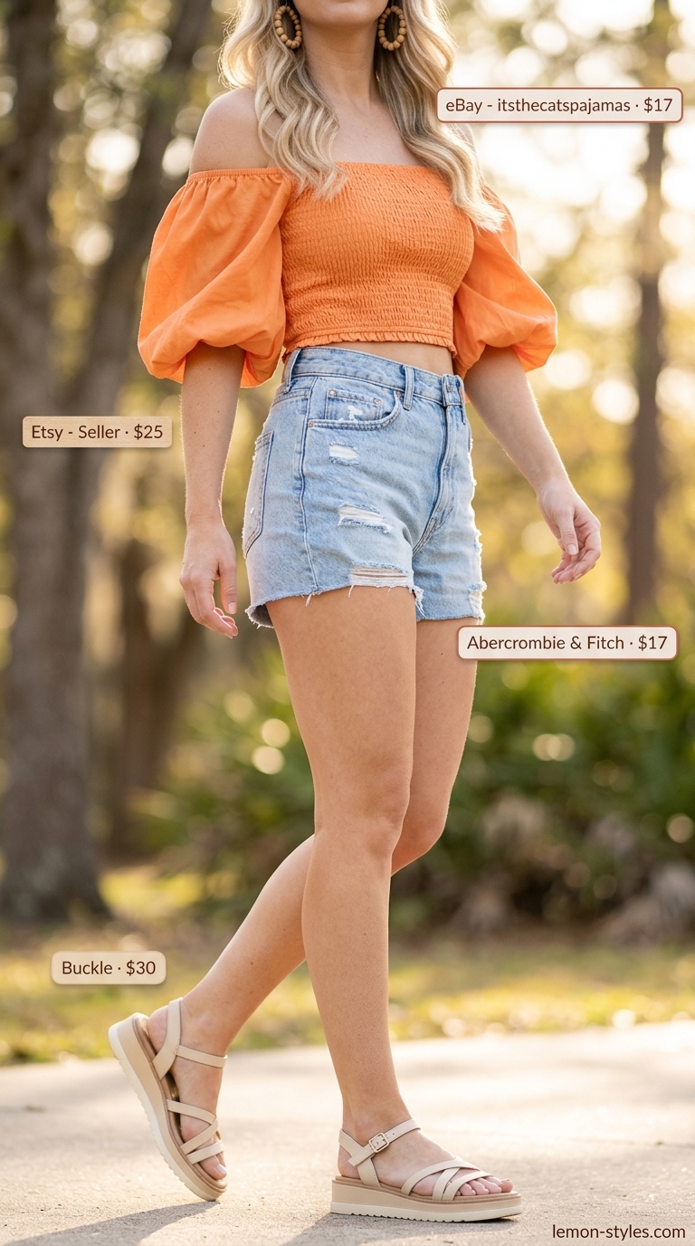 Bright orange off-shoulder crop blouse with white denim shorts for a summer festival. Off shoulder summer blouses 2026.