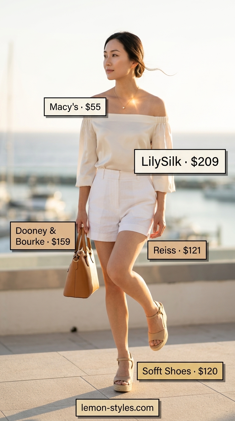 Elegant navy silk off-shoulder summer blouse 2026 with tailored white shorts for a yacht club lunch.