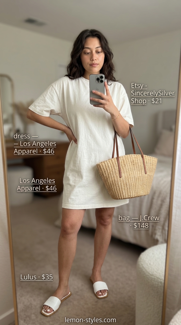 Oversized tee dress summer outfit for women 2026: Beige t-shirt dress, straw tote, gold bracelet, white slides for a relaxed evening.