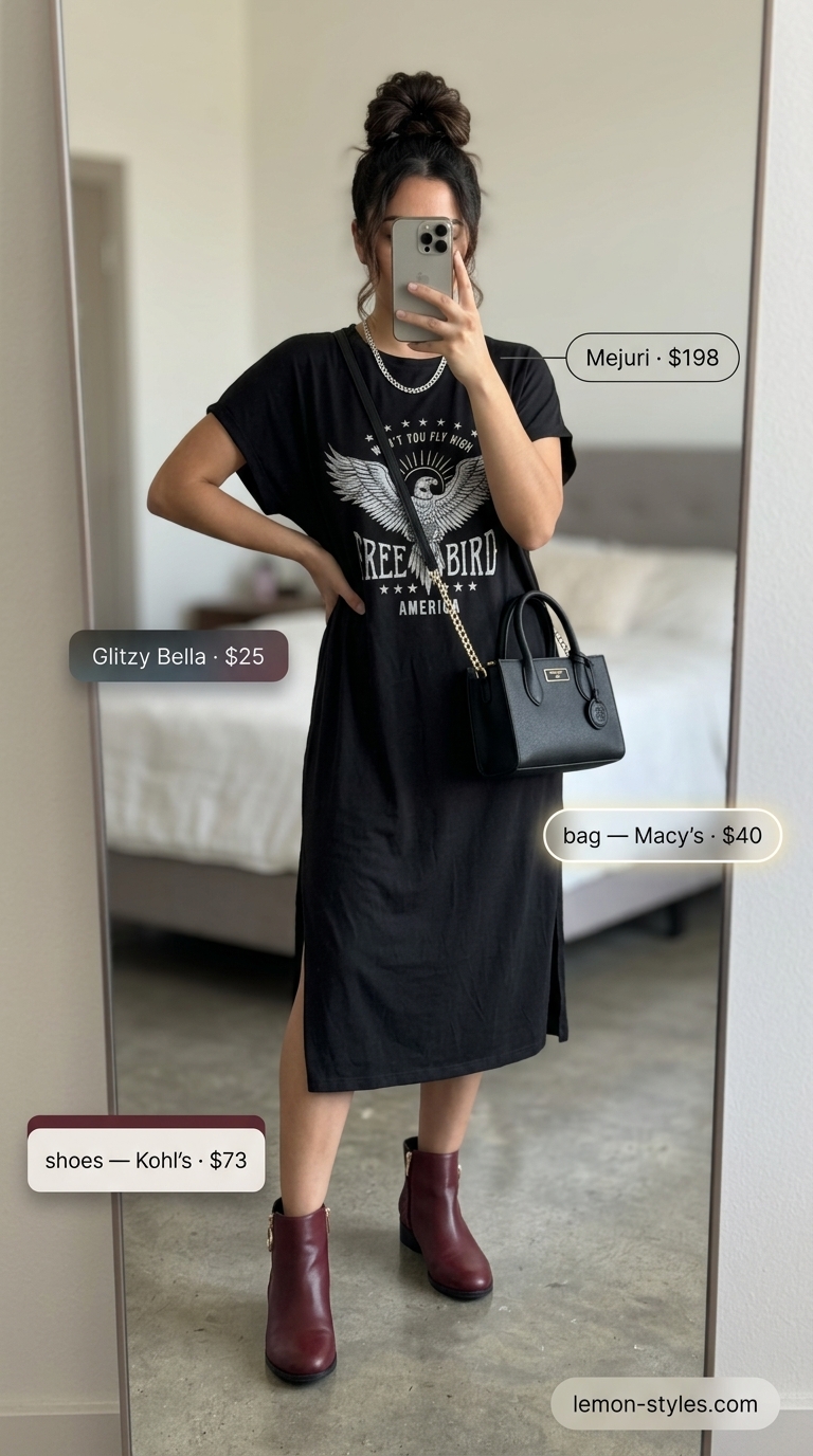 Black graphic oversized tee dress summer outfit for women 2026 with ankle boots and crossbody for weekend brunch.