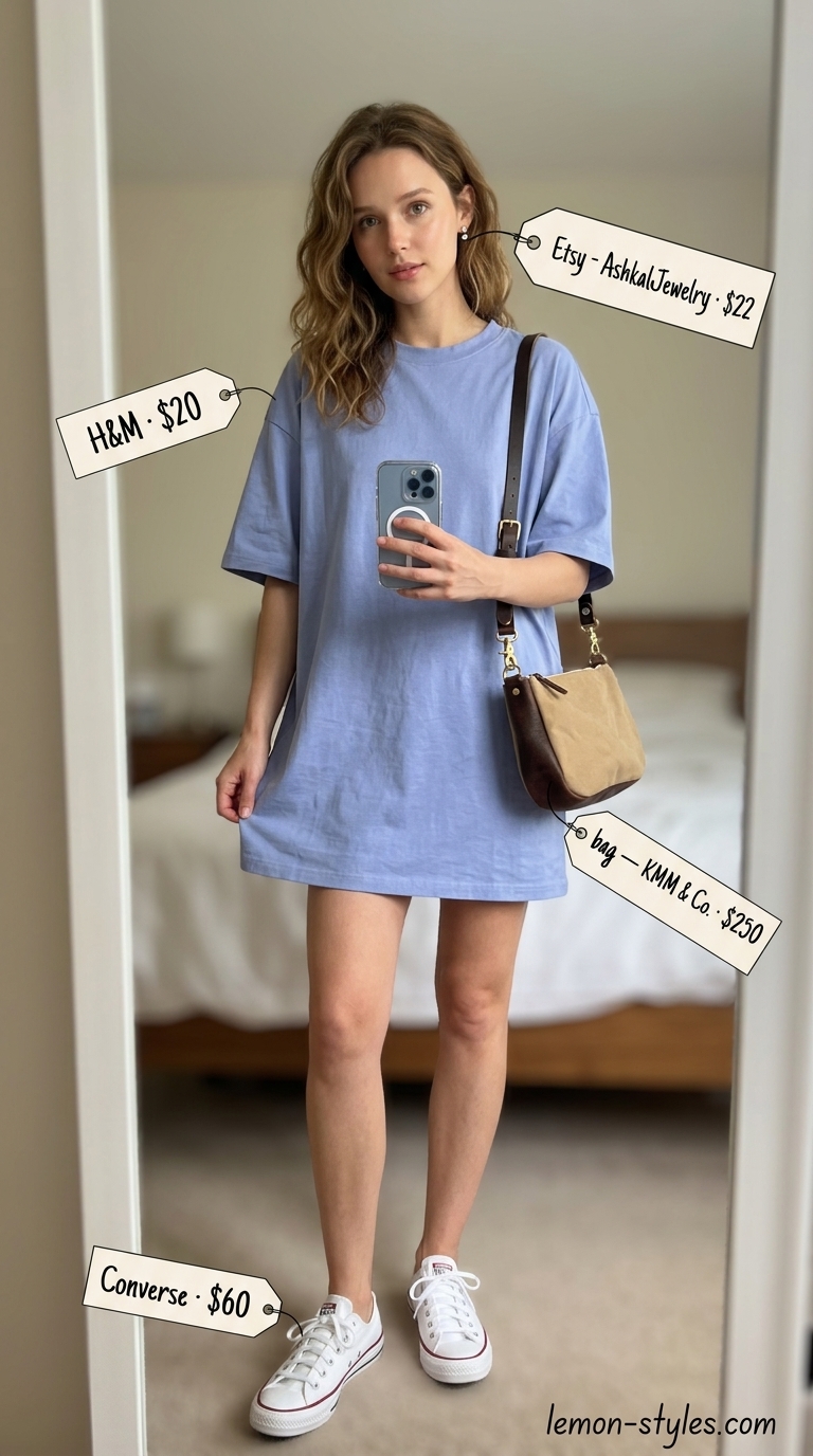 Oversized tee dress summer outfit for women 2026: Light blue dress, white sneakers, canvas bag for a casual picnic.