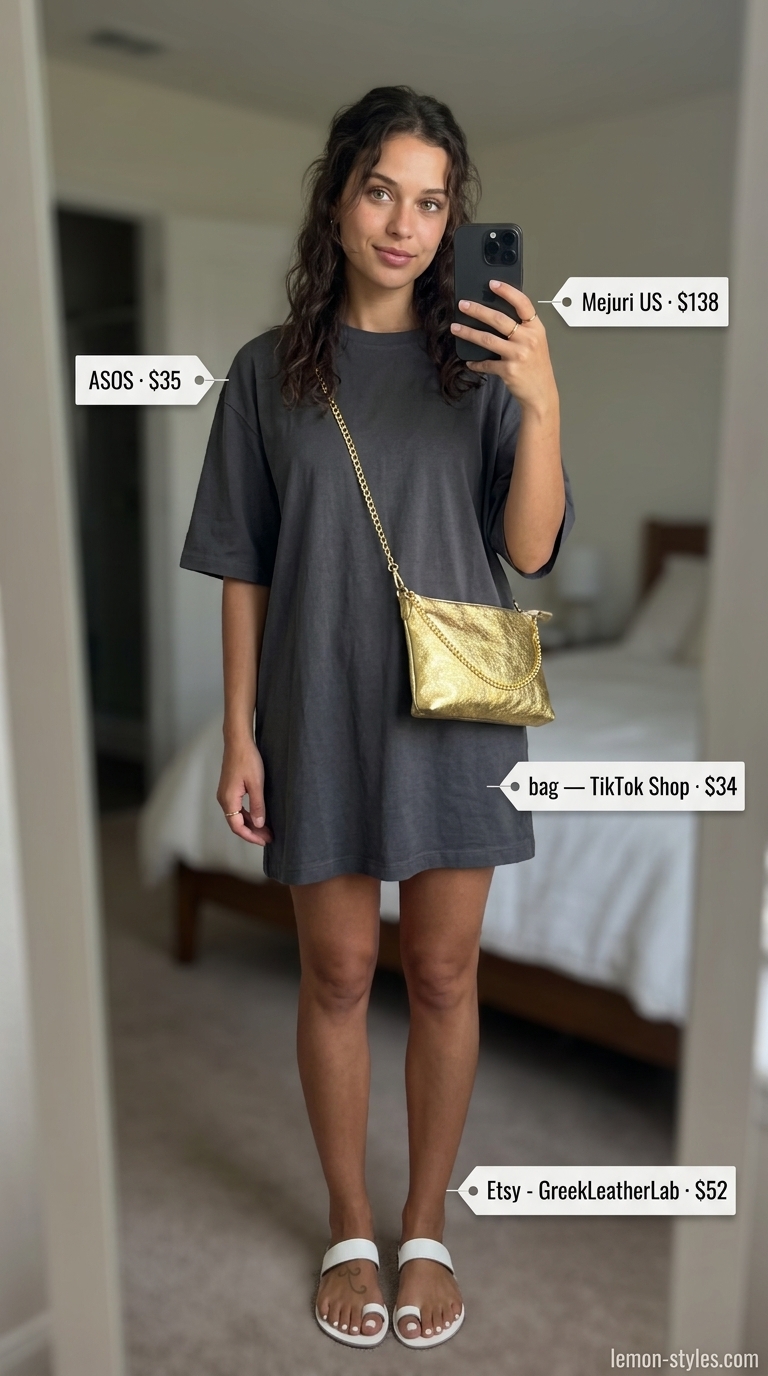 Charcoal grey oversized tee dress summer outfit for women 2026 with white sandals and gold chain bag for casual evening.