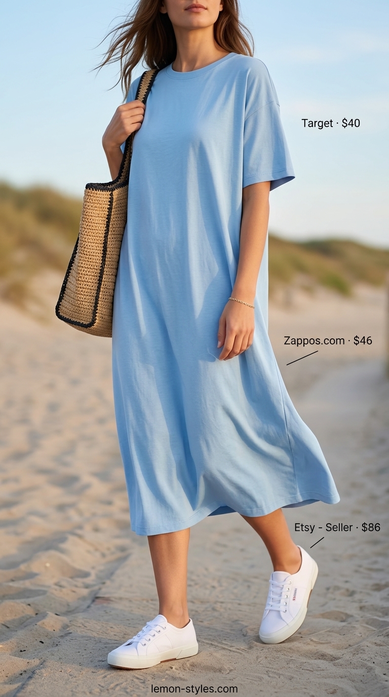 Oversized tee dress summer outfit for women 2026: Sky blue dress, canvas sneakers, and straw tote for a casual day.