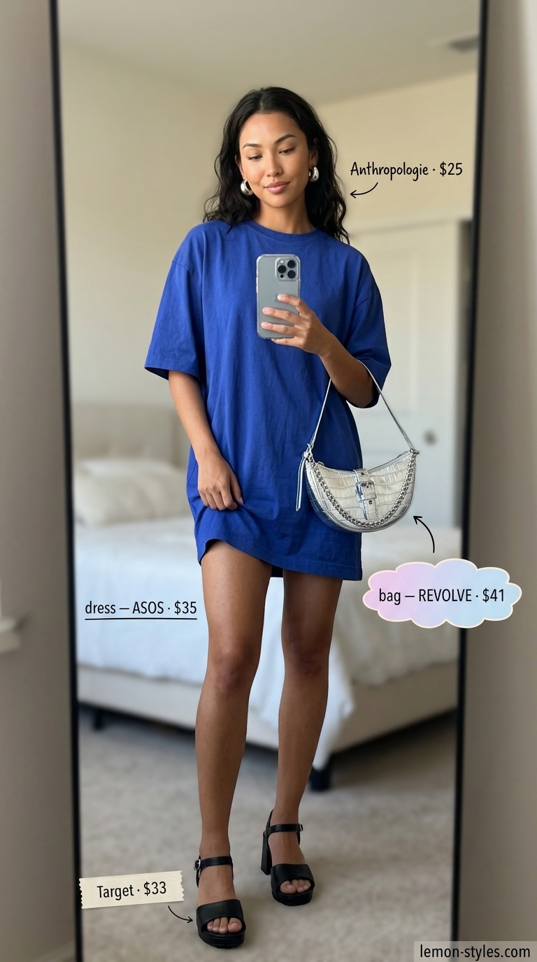 Oversized tee dress summer outfit for women 2026: Cobalt blue dress, platform sandals, and mini bag for a night out.