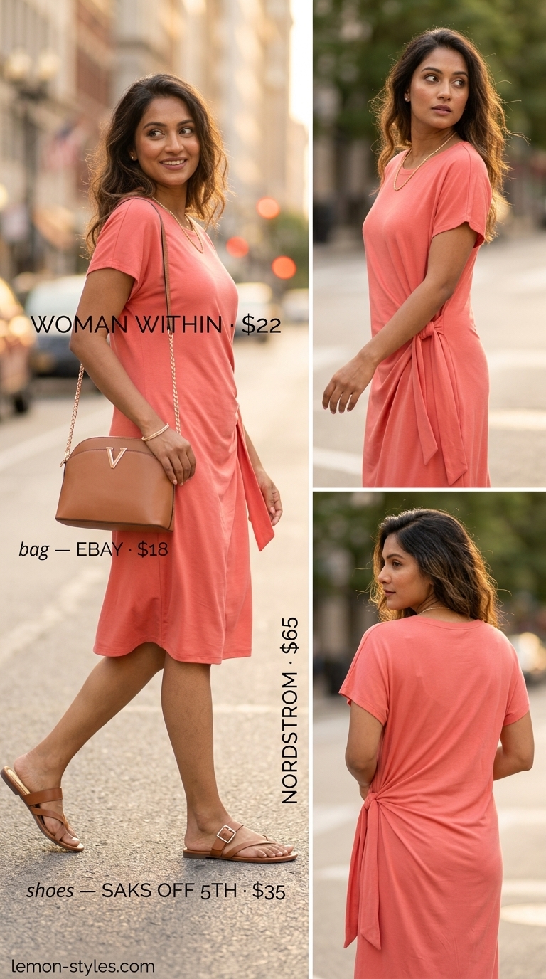 Coral oversized tee dress summer outfit for women 2026 with tan slides and gold necklace for a casual evening out.