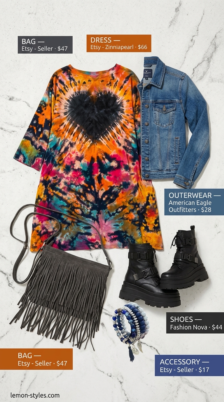 Oversized tee dress summer outfit for women 2026: Tie-dye dress, denim jacket, combat boots for a music festival.