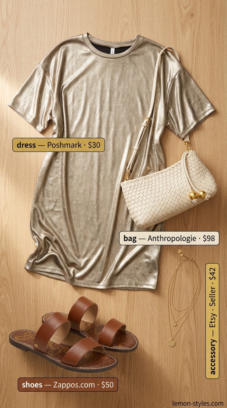 Oversized tee dress summer outfit for women 2026: Soft gold metallic dress, woven bag, gold necklaces, slide sandals.