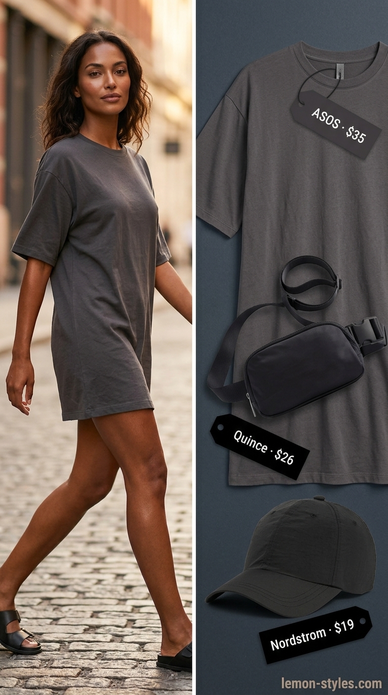 Oversized tee dress summer outfit for women 2026: Charcoal grey dress, chunky sneakers, belt bag for city exploring.