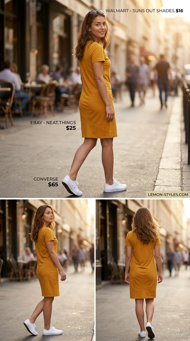 Mustard yellow oversized tee dress summer outfit for women 2026 with white sneakers and mini backpack for a retro concert.