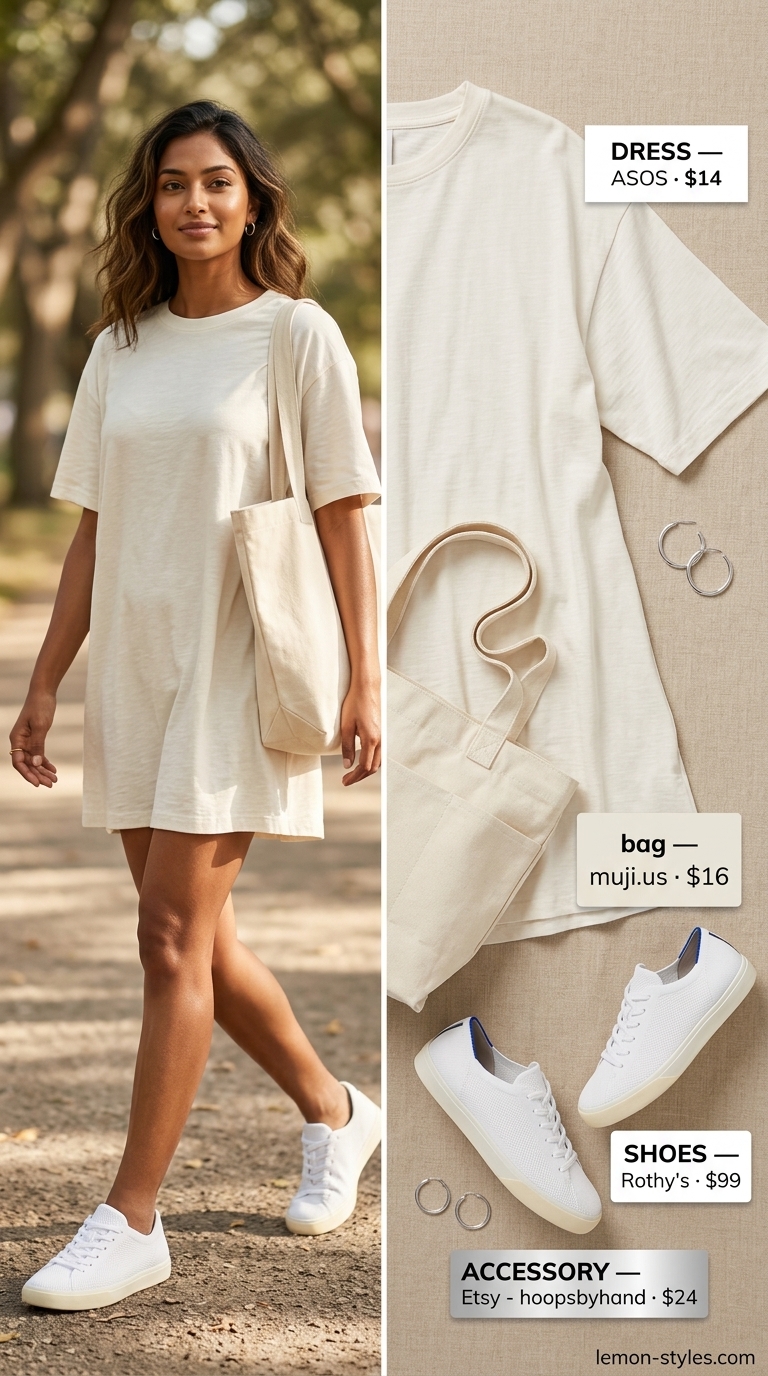 Off-white oversized tee dress summer outfit for women 2026 with white sneakers and large tote for sunny park visit.