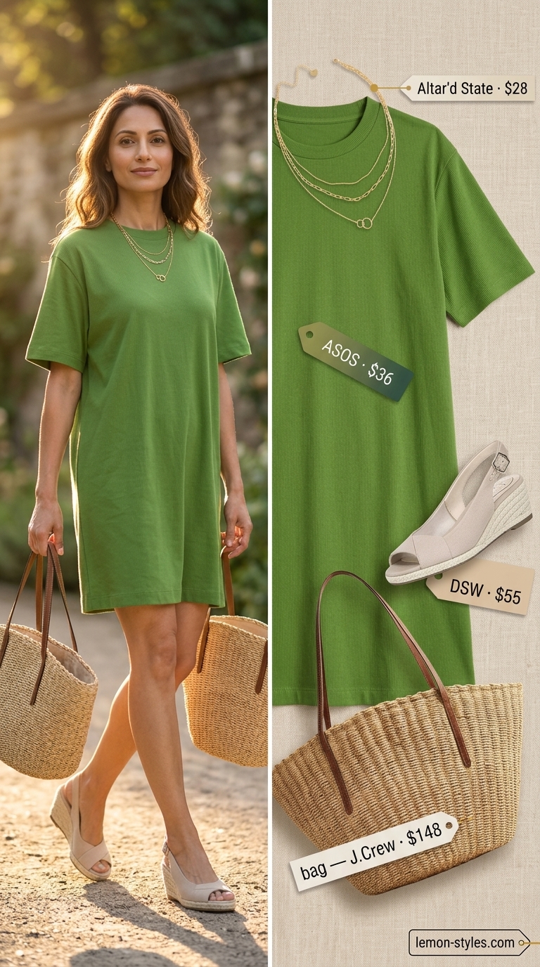 Olive green oversized tee dress summer outfit for women 2026 with espadrille wedges and straw tote for chic lunch.