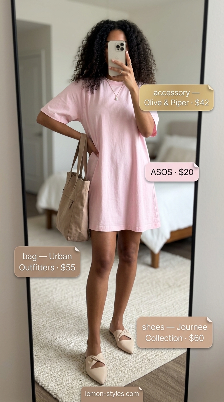 Oversized tee dress summer outfit for women 2026: Pale pink dress, cream mules, canvas tote for casual evenings.