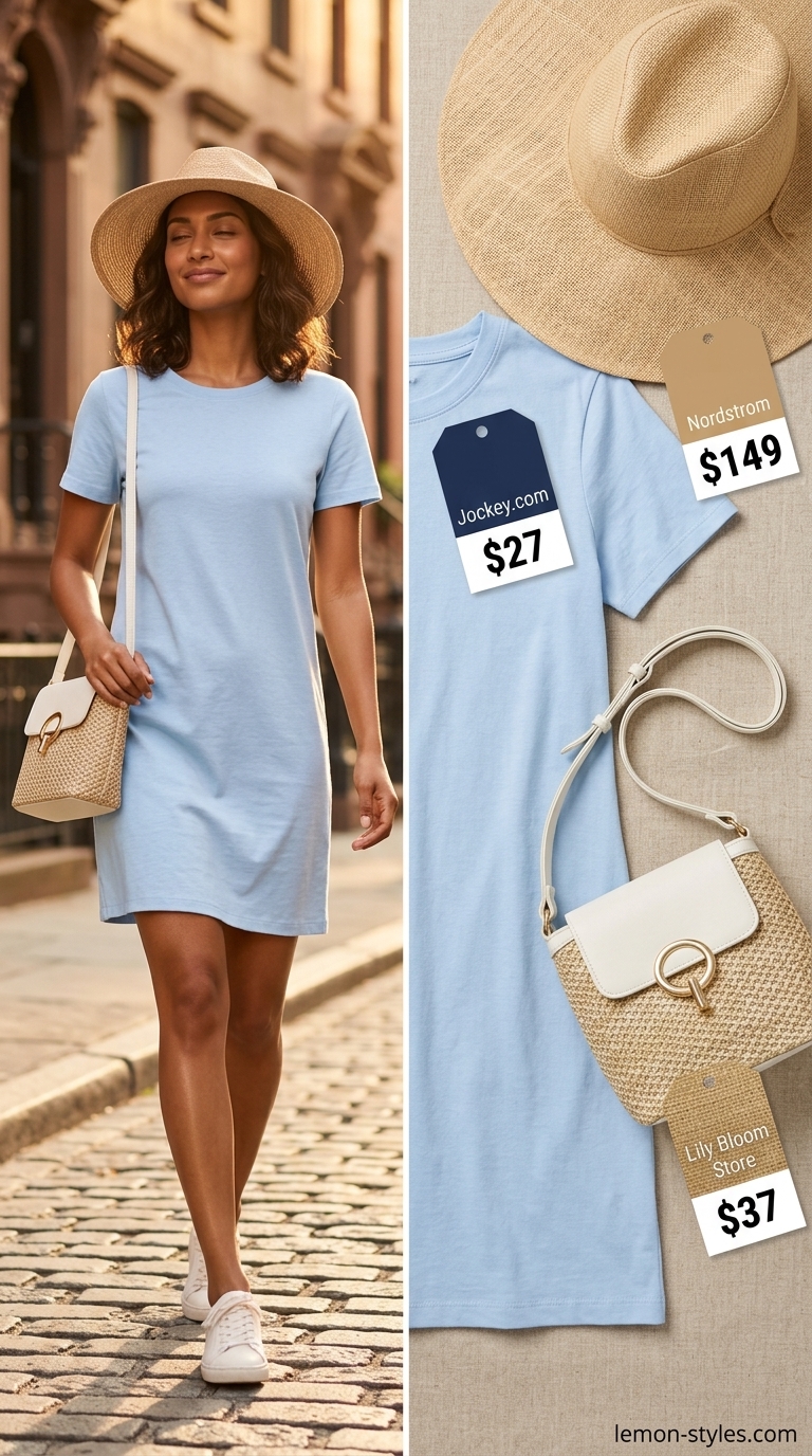 Sky blue oversized tee dress summer outfit for women 2026 with straw bag and white slides for coastal beach day.