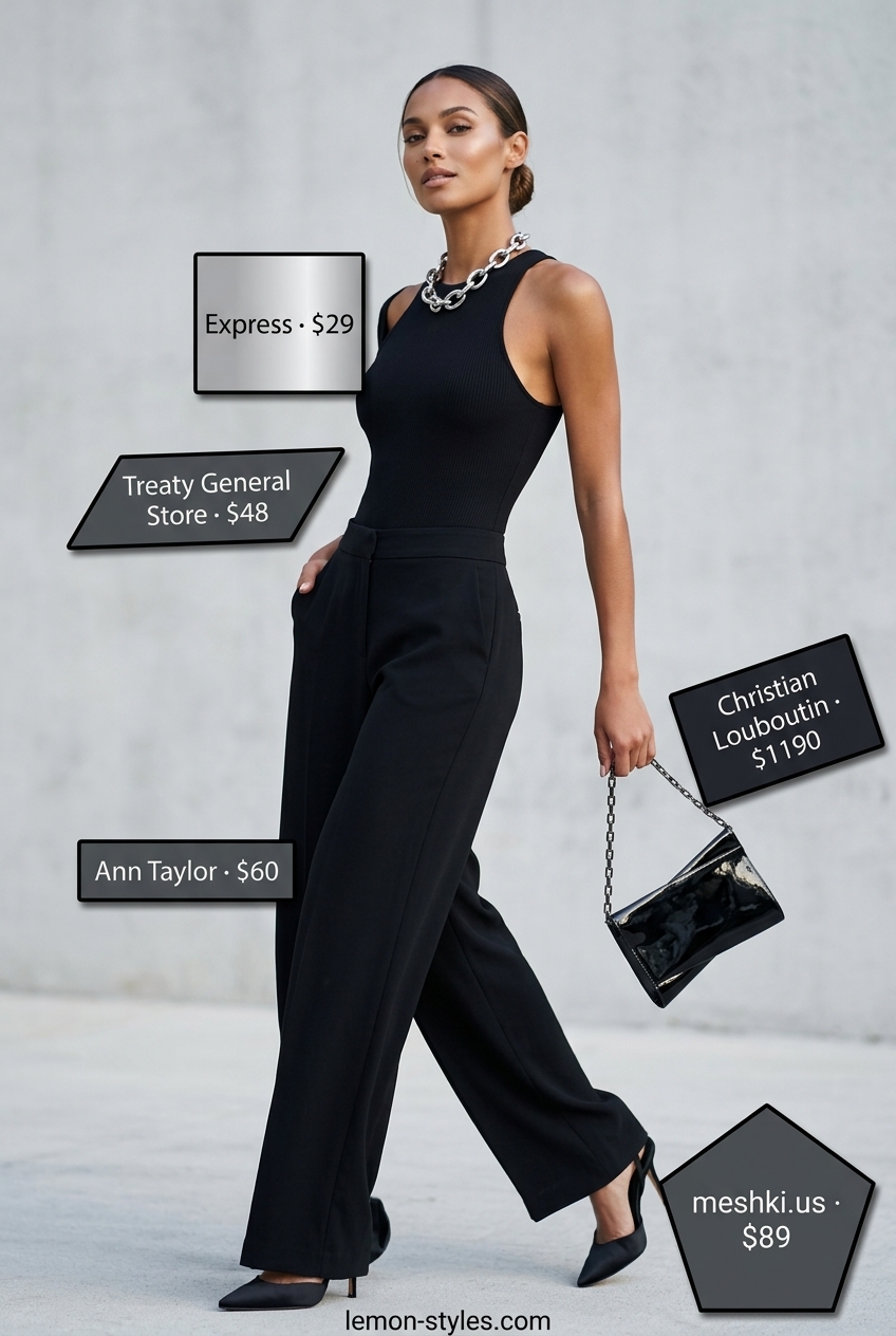 Black Palazzo Pants Summer Outfits 2026: Sleek Power Monochrome power palazzo pant outfits summer for women 2026: black pants, black bodysuit, stiletto heels & silver clutch.