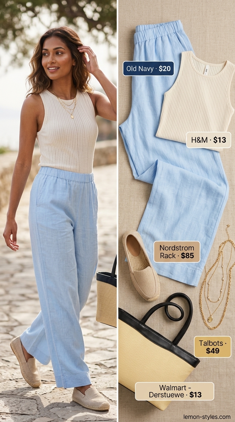 Blue Palazzo Pants Summer Outfits 2026: Coastal Relaxed Coastal breeze palazzo pant outfits summer for women 2026: sky blue linen pants, cream tank, straw tote & espadrilles for a relaxed vibe.