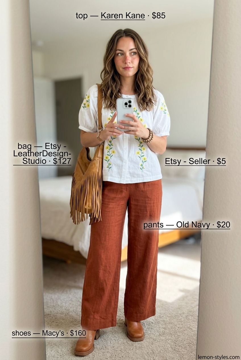 Summer Palazzo Pant Outfits 2026: Boho Earthy Boho palazzo pant outfits summer for women 2026: Rust orange palazzo pants with cream peasant blouse & tan boots.