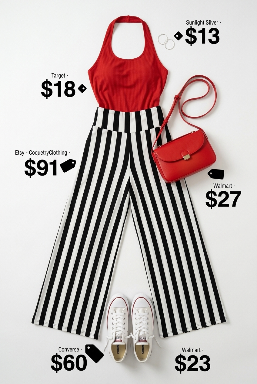 Summer Palazzo Pant Outfits 2026: Bold Stripes Striped palazzo pant outfits summer for women 2026: Black & white stripe palazzo pants with red crop top & sneakers.