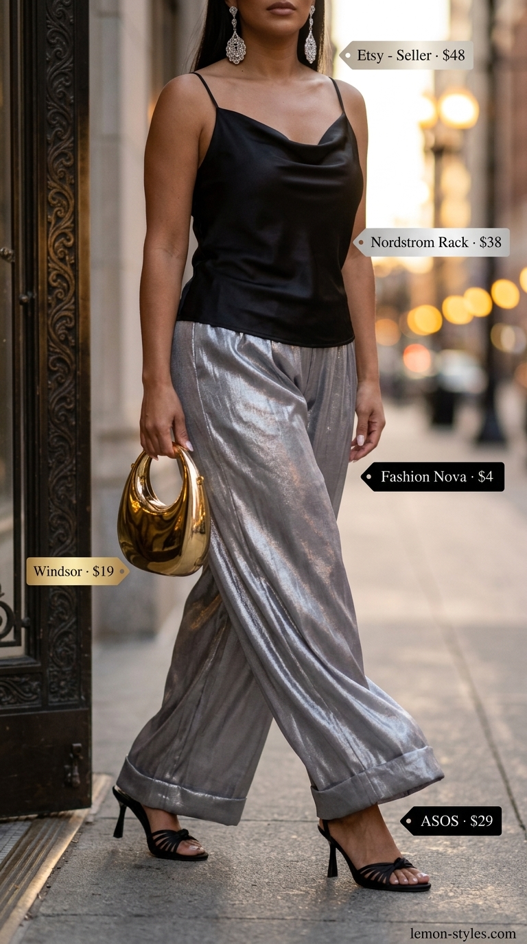 Glam Palazzo Outfits Summer 2026: Night Out Glamorous palazzo pant outfits summer for women 2026. Silver metallic pants with black camisole and heels.