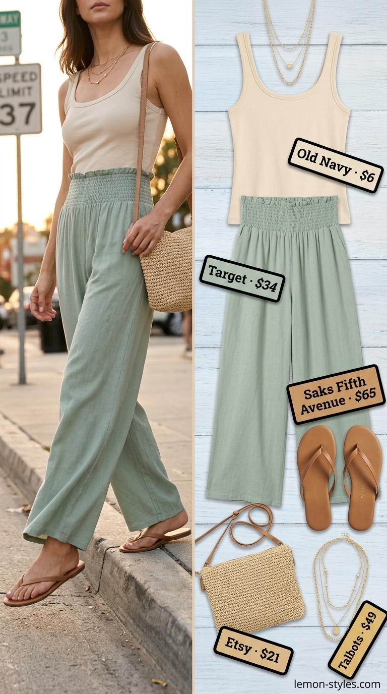 Summer Palazzo Pant Outfits 2026: Coastal Chic Coastal Breeze palazzo pant outfits summer for women 2026: Sage green linen palazzo pants with white tank & tan sandals.