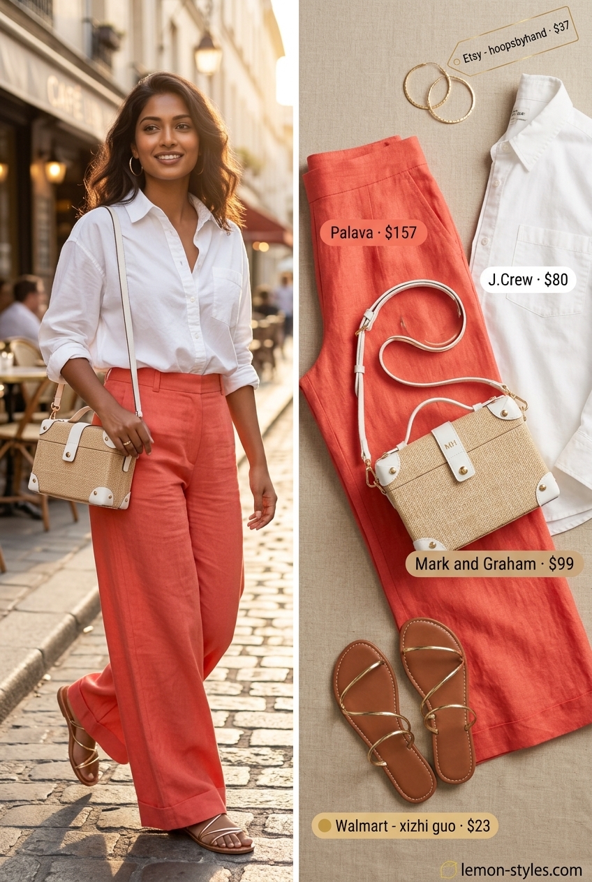 Coral Palazzo Pants Summer Outfits 2026: Vibrant Fiesta Sunset fiesta palazzo pant outfits summer for women 2026: coral pants, white shirt, raffia bag & gold sandals for a vibrant look.