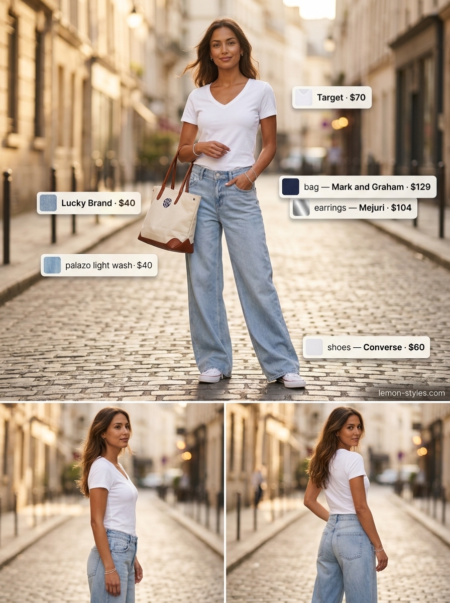 Summer Palazzo Pant Outfits 2026: Denim Cool Denim palazzo pant outfits summer for women 2026: Light wash denim palazzo pants with black tee & canvas sneakers.