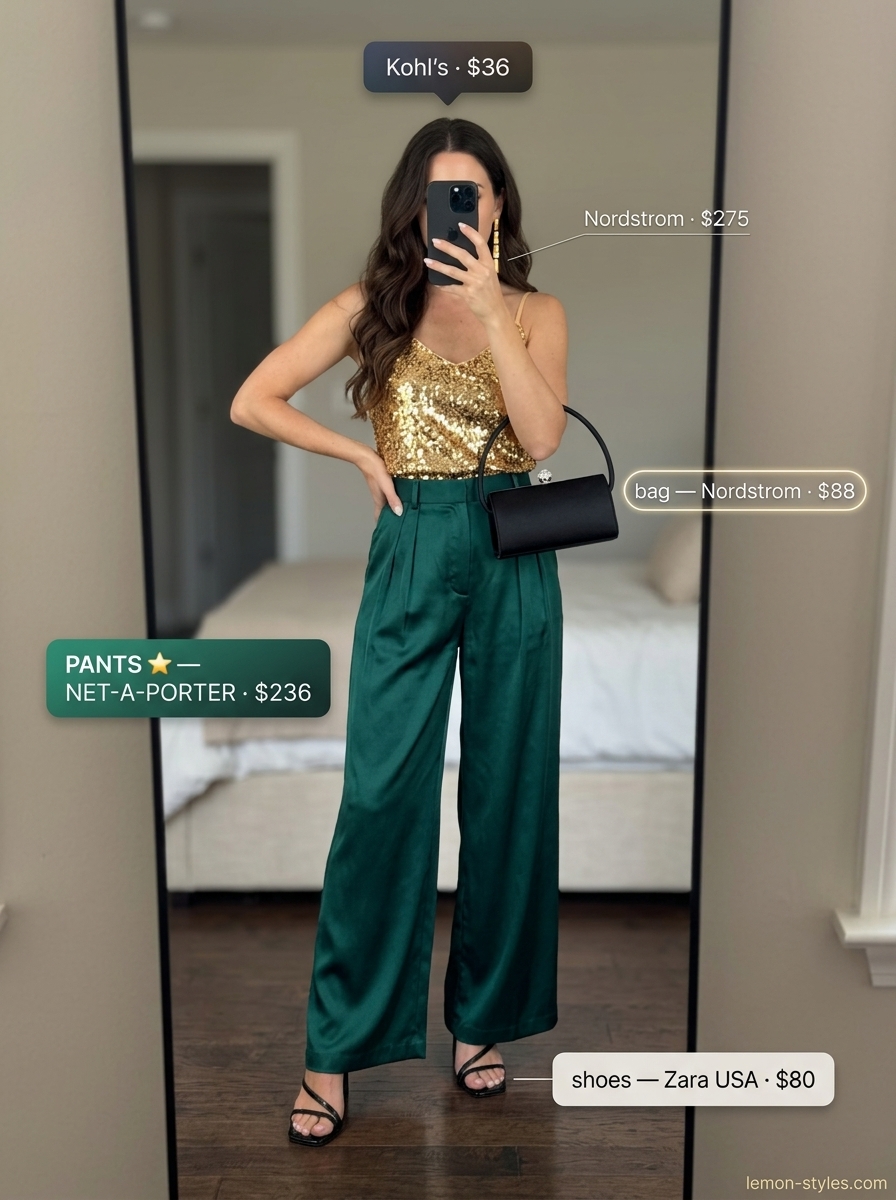 Summer Palazzo Pant Outfits 2026: Emerald Glam Emerald green palazzo pant outfits summer for women 2026: Satin palazzo pants with sequin cami & gold earrings.