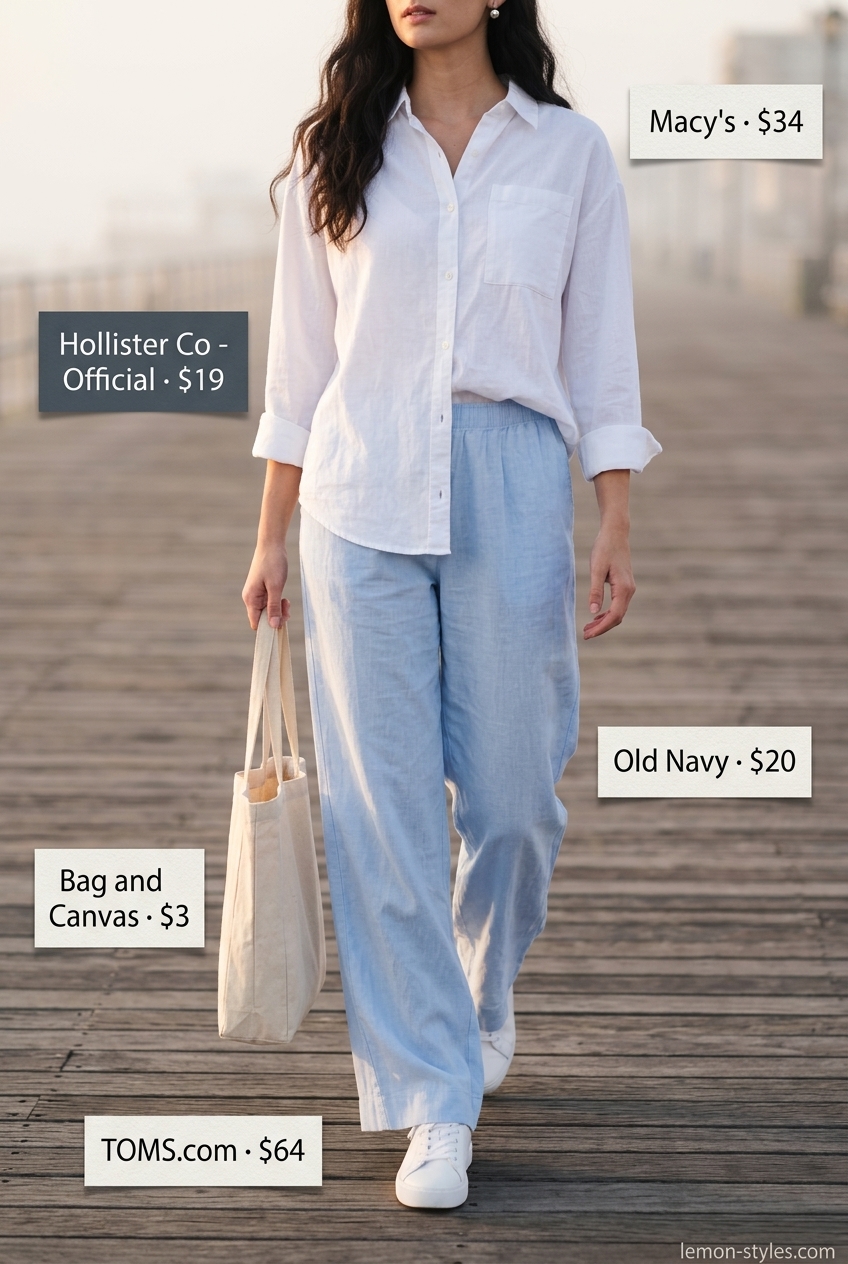 Linen Palazzo Pants Summer Outfits 2026: Travel Set Summer breeze linen set palazzo pant outfits for women 2026: light blue pants, white shirt, white sneakers & canvas tote.
