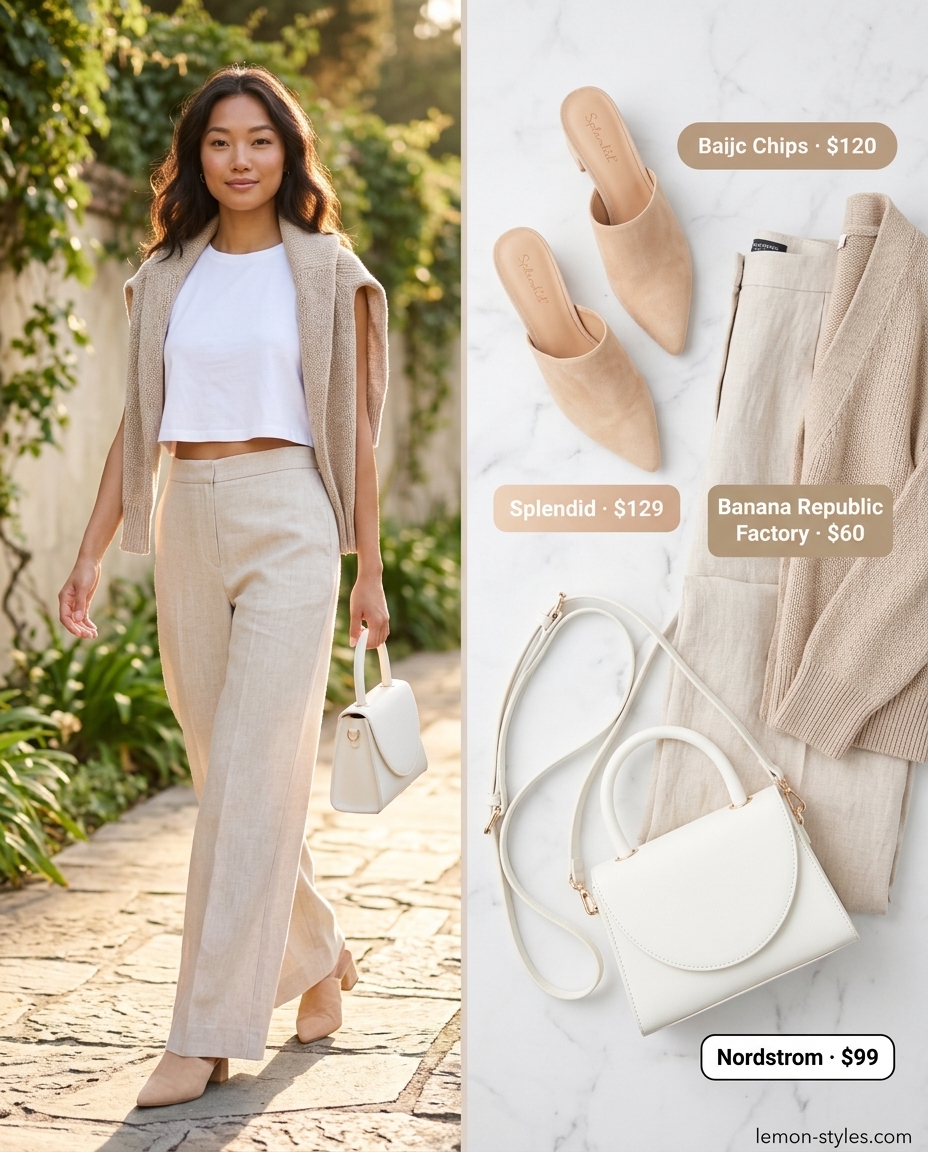 Sophisticated Palazzo Outfits Summer 2026: Polished Style Sophisticated palazzo pant outfits summer for women 2026. Beige linen pants with satin camisole and top-handle bag.