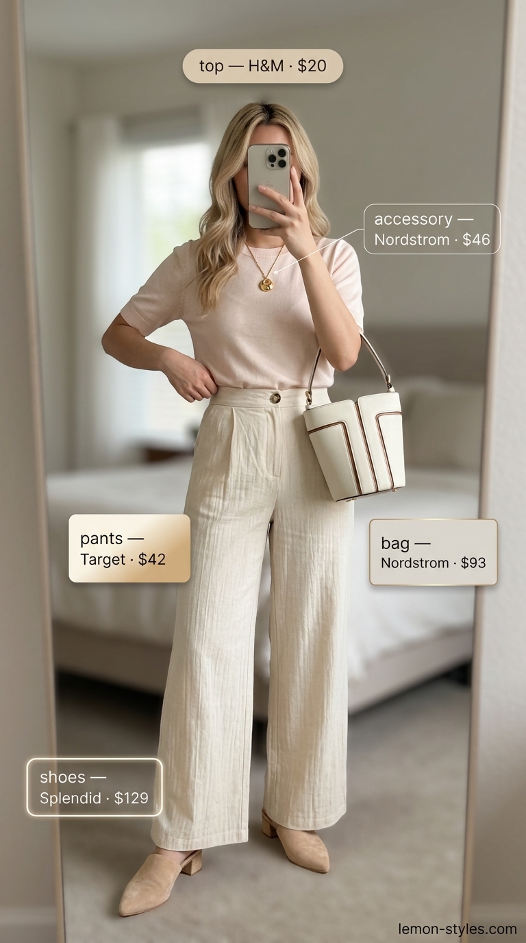 Minimalist Palazzo Outfits Summer 2026: Chic Ease Minimalist palazzo pant outfits summer for women 2026. Cream linen pants with knit top and suede mules.