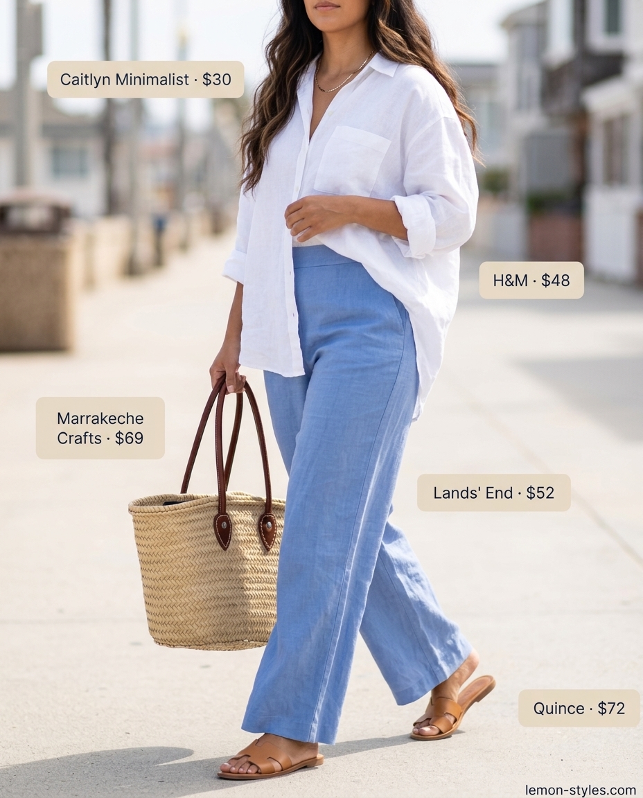 Blue Linen Palazzo Pants Summer Outfits 2026: Beach Day Coastal breeze palazzo pant outfits summer for women 2026: ocean blue linen pants, white shirt, straw tote & leather slides.
