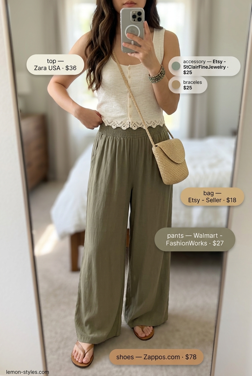 Boho Palazzo Outfits Summer 2026: Resort Vibes Boho palazzo pant outfits summer for women 2026. Olive green pants with crochet top and leather sandals.