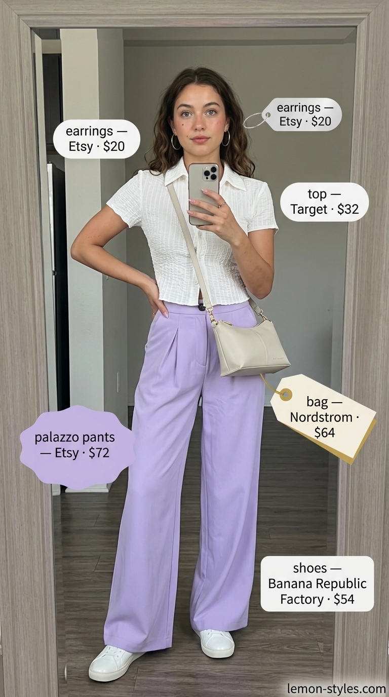 Summer Palazzo Pant Outfits 2026: Pastel Power Lilac palazzo pant outfits summer for women 2026: Chiffon palazzo pants with white blouse & white sneakers.